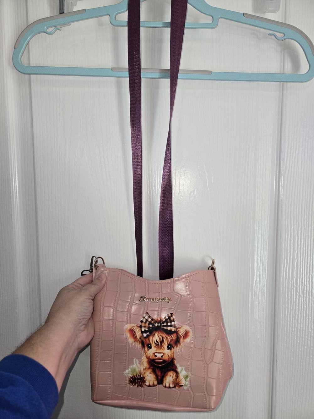 Pink Croc-Embossed Bucket Bag with Highland Cow Graphic